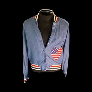 Upcycled Blue Bomber Jacket with American Flag Heart Patch